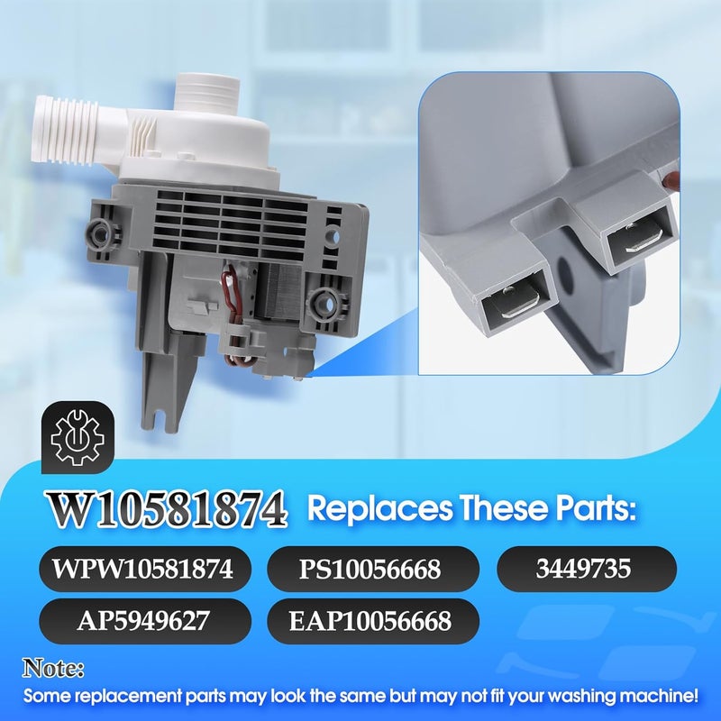 GREALTH W10581874 Washer Drain Pump Compatible with Whirlpool Kenmore Maytag, Replacement Part WPW10581874 AP5949627 3449735 PS10056668 EAP10056668 - Image 3